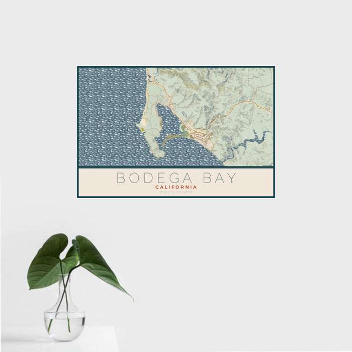 16x24 Bodega Bay California Map Print Landscape Orientation in Woodblock Style With Tropical Plant Leaves in Water
