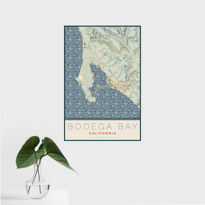16x24 Bodega Bay California Map Print Portrait Orientation in Woodblock Style With Tropical Plant Leaves in Water