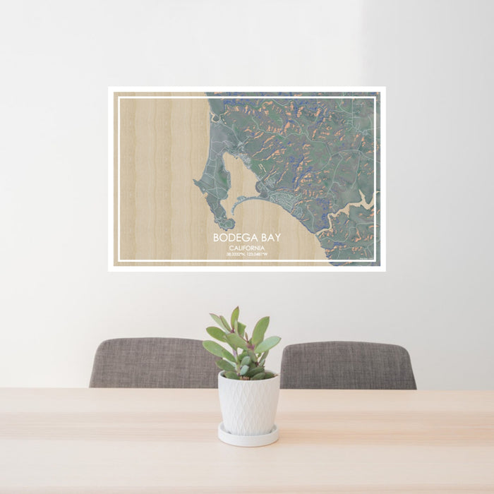 24x36 Bodega Bay California Map Print Lanscape Orientation in Afternoon Style Behind 2 Chairs Table and Potted Plant