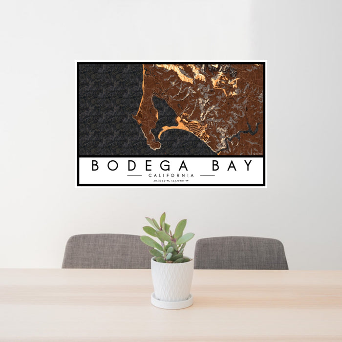 24x36 Bodega Bay California Map Print Lanscape Orientation in Ember Style Behind 2 Chairs Table and Potted Plant