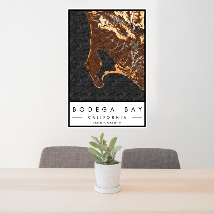 24x36 Bodega Bay California Map Print Portrait Orientation in Ember Style Behind 2 Chairs Table and Potted Plant