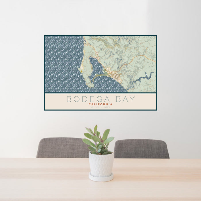 24x36 Bodega Bay California Map Print Lanscape Orientation in Woodblock Style Behind 2 Chairs Table and Potted Plant