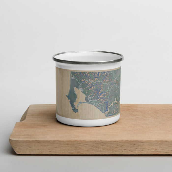 Front View Custom Bodega Bay California Map Enamel Mug in Afternoon on Cutting Board
