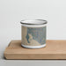 Front View Custom Bodega Bay California Map Enamel Mug in Afternoon on Cutting Board