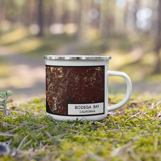 Right View Custom Bodega Bay California Map Enamel Mug in Ember on Grass With Trees in Background