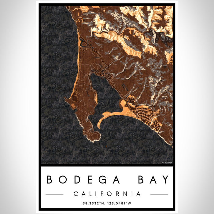 Bodega Bay California Map Print Portrait Orientation in Ember Style With Shaded Background