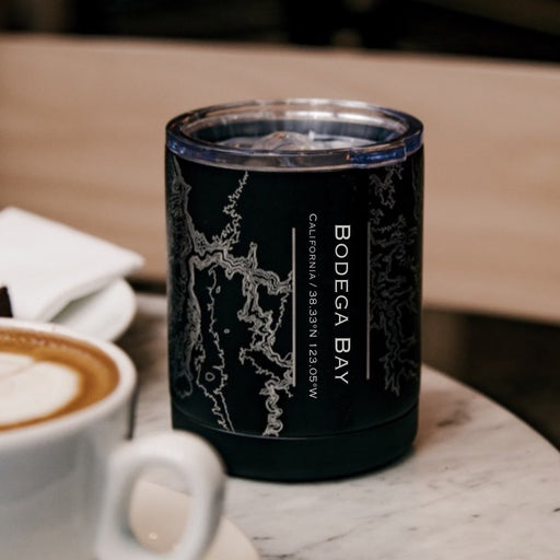 Bodega Bay California Custom Engraved City Map Inscription Coordinates on 10oz Stainless Steel Insulated Cup with Sliding Lid in Black