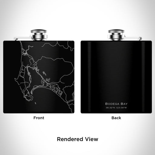 Rendered View of Bodega Bay California Map Engraving on 6oz Stainless Steel Flask in Black