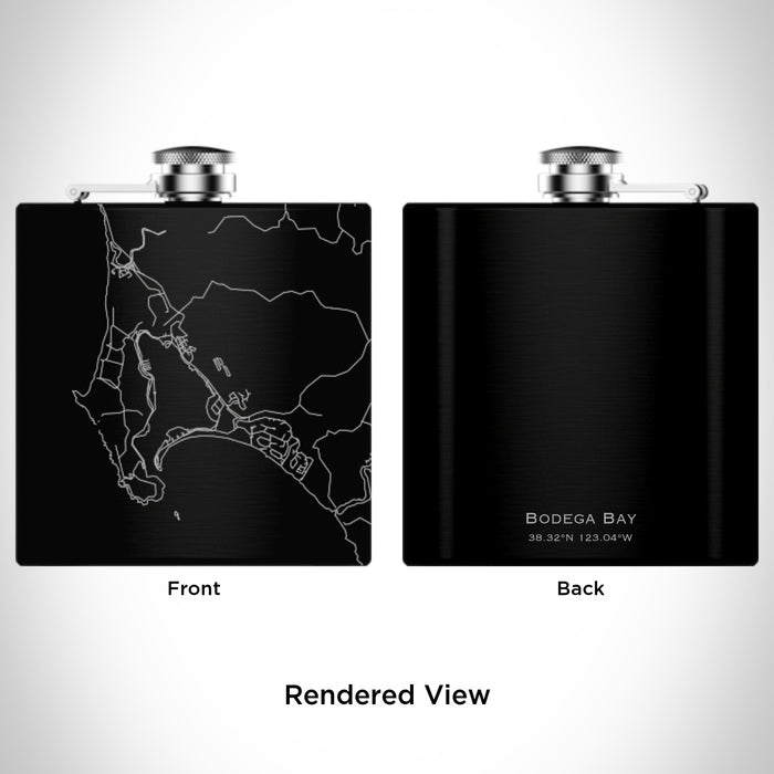 Rendered View of Bodega Bay California Map Engraving on 6oz Stainless Steel Flask in Black
