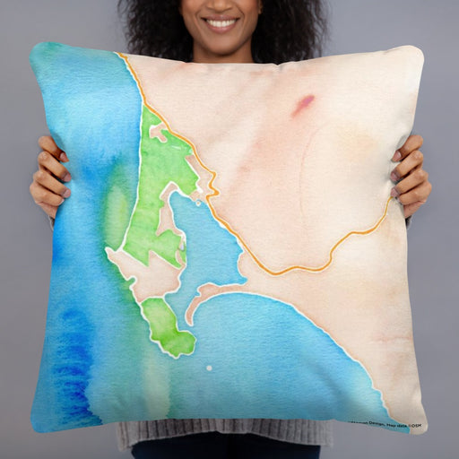 Person holding 22x22 Custom Bodega Bay California Map Throw Pillow in Watercolor