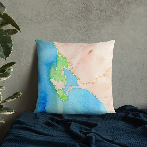 Custom Bodega Bay California Map Throw Pillow in Watercolor on Bedding Against Wall