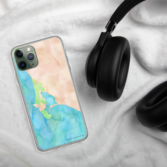 Custom Bodega Bay California Map Phone Case in Watercolor on Table with Black Headphones