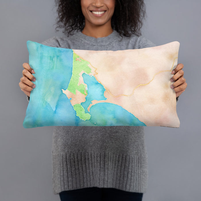 Person holding 20x12 Custom Bodega Bay California Map Throw Pillow in Watercolor