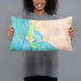 Person holding 20x12 Custom Bodega Bay California Map Throw Pillow in Watercolor