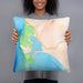 Person holding 18x18 Custom Bodega Bay California Map Throw Pillow in Watercolor