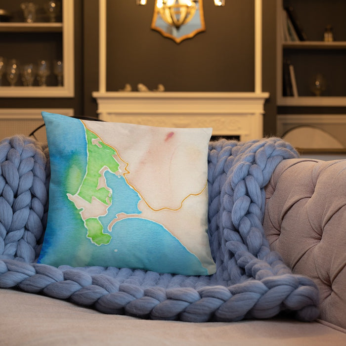 Custom Bodega Bay California Map Throw Pillow in Watercolor on Cream Colored Couch