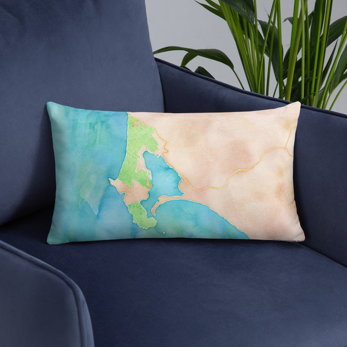 Custom Bodega Bay California Map Throw Pillow in Watercolor on Blue Colored Chair