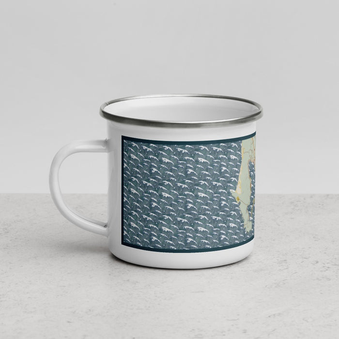 Left View Custom Bodega Bay California Map Enamel Mug in Woodblock
