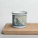 Front View Custom Bodega Bay California Map Enamel Mug in Woodblock on Cutting Board