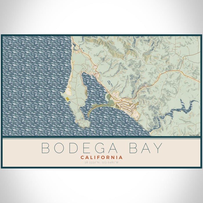 Bodega Bay California Map Print Landscape Orientation in Woodblock Style With Shaded Background