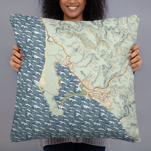 Person holding 22x22 Custom Bodega Bay California Map Throw Pillow in Woodblock