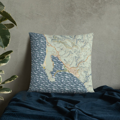 Custom Bodega Bay California Map Throw Pillow in Woodblock on Bedding Against Wall