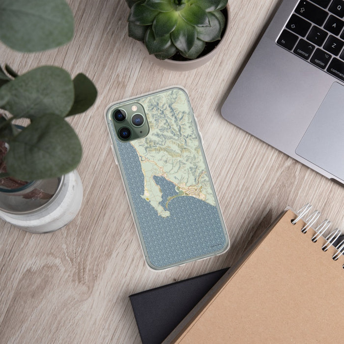 Custom Bodega Bay California Map Phone Case in Woodblock on Table with Laptop and Plant