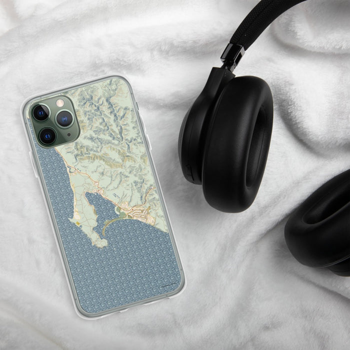 Custom Bodega Bay California Map Phone Case in Woodblock on Table with Black Headphones