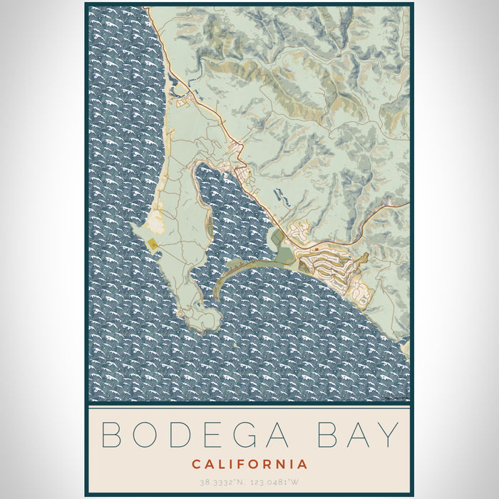 Bodega Bay California Map Print Portrait Orientation in Woodblock Style With Shaded Background