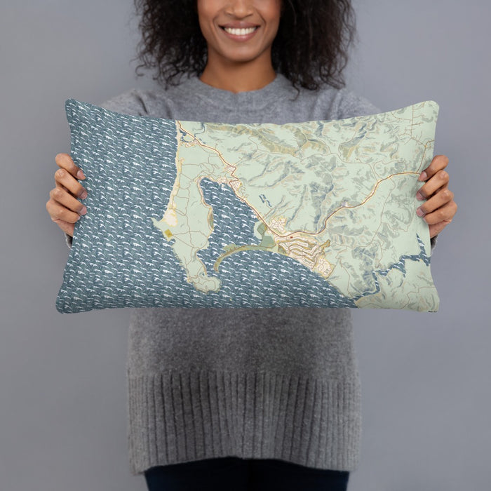 Person holding 20x12 Custom Bodega Bay California Map Throw Pillow in Woodblock
