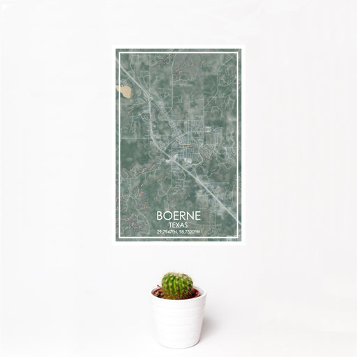 12x18 Boerne Texas Map Print Portrait Orientation in Afternoon Style With Small Cactus Plant in White Planter