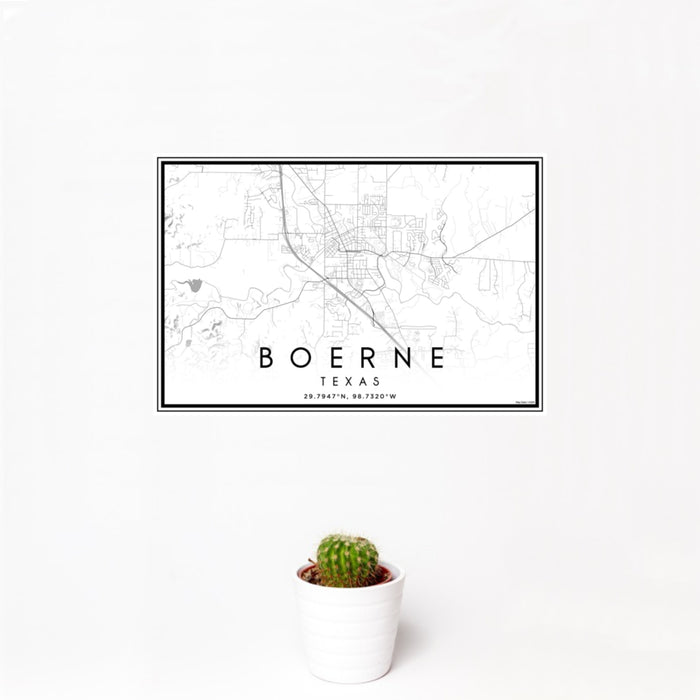 12x18 Boerne Texas Map Print Landscape Orientation in Classic Style With Small Cactus Plant in White Planter