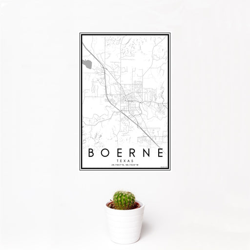 12x18 Boerne Texas Map Print Portrait Orientation in Classic Style With Small Cactus Plant in White Planter