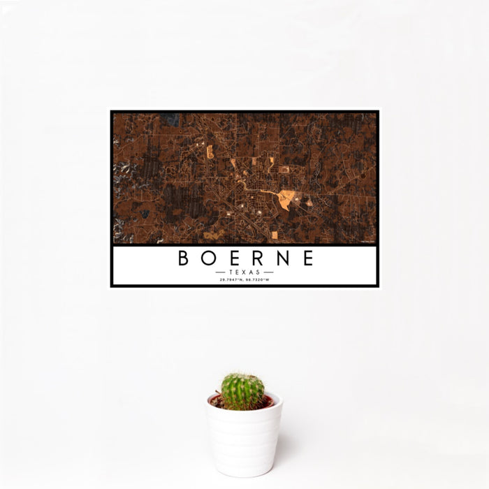 12x18 Boerne Texas Map Print Landscape Orientation in Ember Style With Small Cactus Plant in White Planter