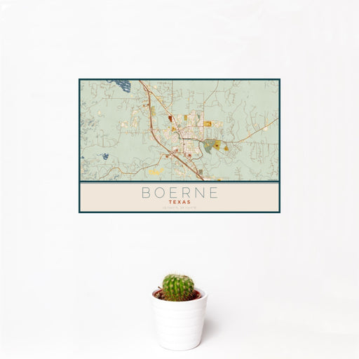 12x18 Boerne Texas Map Print Landscape Orientation in Woodblock Style With Small Cactus Plant in White Planter