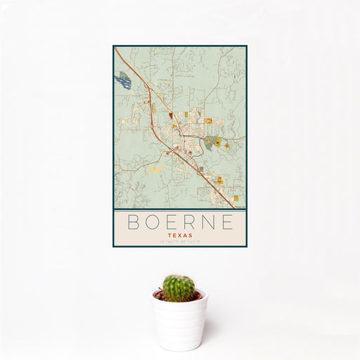 12x18 Boerne Texas Map Print Portrait Orientation in Woodblock Style With Small Cactus Plant in White Planter