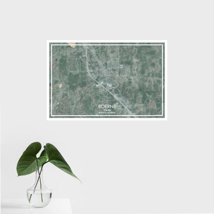 16x24 Boerne Texas Map Print Landscape Orientation in Afternoon Style With Tropical Plant Leaves in Water