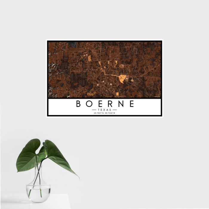 16x24 Boerne Texas Map Print Landscape Orientation in Ember Style With Tropical Plant Leaves in Water