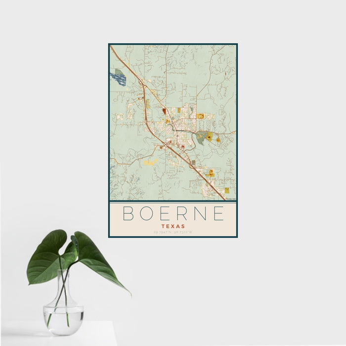 16x24 Boerne Texas Map Print Portrait Orientation in Woodblock Style With Tropical Plant Leaves in Water