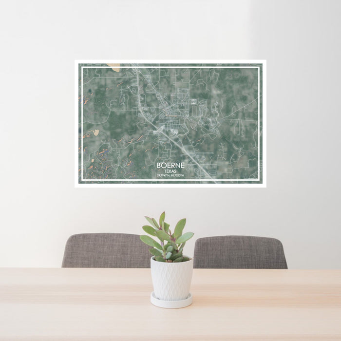 24x36 Boerne Texas Map Print Lanscape Orientation in Afternoon Style Behind 2 Chairs Table and Potted Plant
