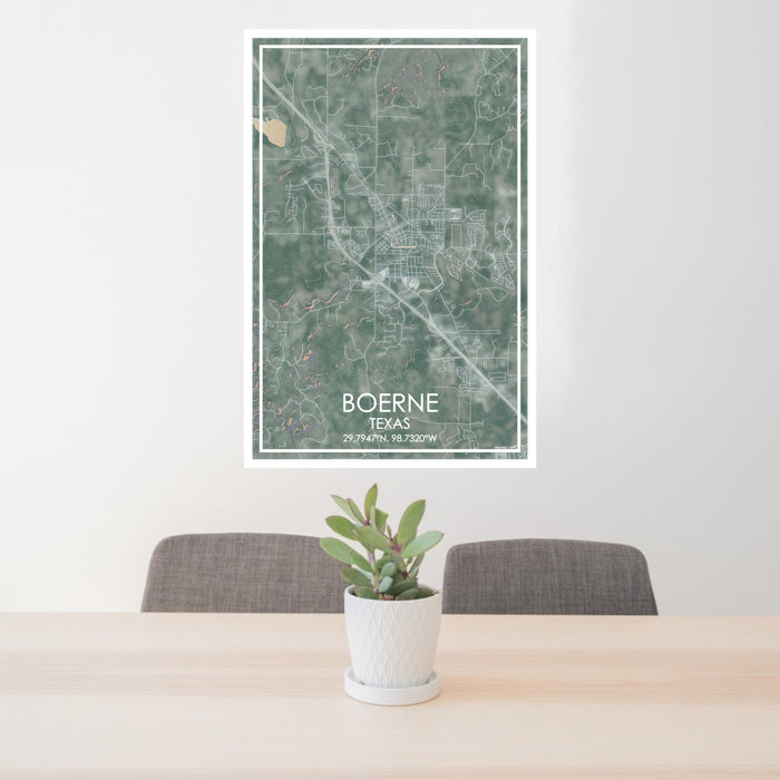 24x36 Boerne Texas Map Print Portrait Orientation in Afternoon Style Behind 2 Chairs Table and Potted Plant