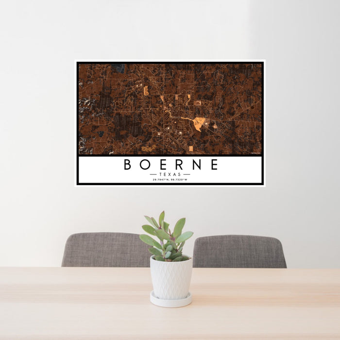 24x36 Boerne Texas Map Print Lanscape Orientation in Ember Style Behind 2 Chairs Table and Potted Plant