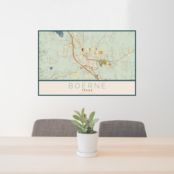 24x36 Boerne Texas Map Print Lanscape Orientation in Woodblock Style Behind 2 Chairs Table and Potted Plant