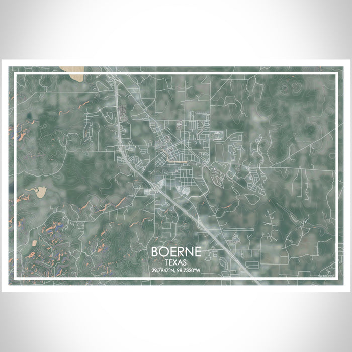 Boerne Texas Map Print Landscape Orientation in Afternoon Style With Shaded Background