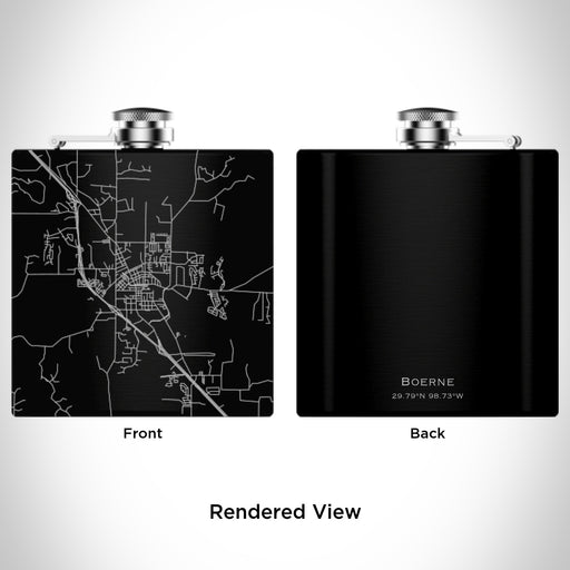 Rendered View of Boerne Texas Map Engraving on 6oz Stainless Steel Flask in Black