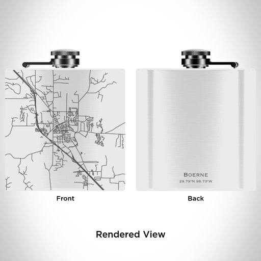 Rendered View of Boerne Texas Map Engraving on 6oz Stainless Steel Flask in White