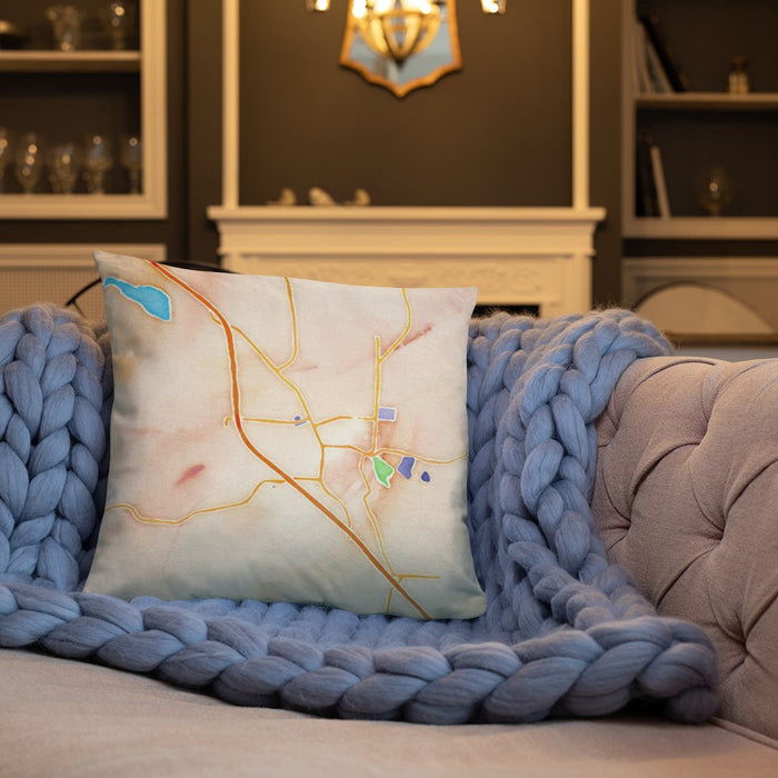 Custom Boerne Texas Map Throw Pillow in Watercolor on Cream Colored Couch