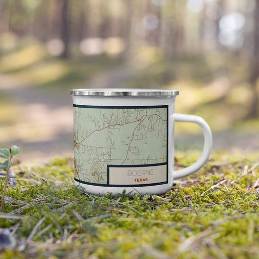 Right View Custom Boerne Texas Map Enamel Mug in Woodblock on Grass With Trees in Background