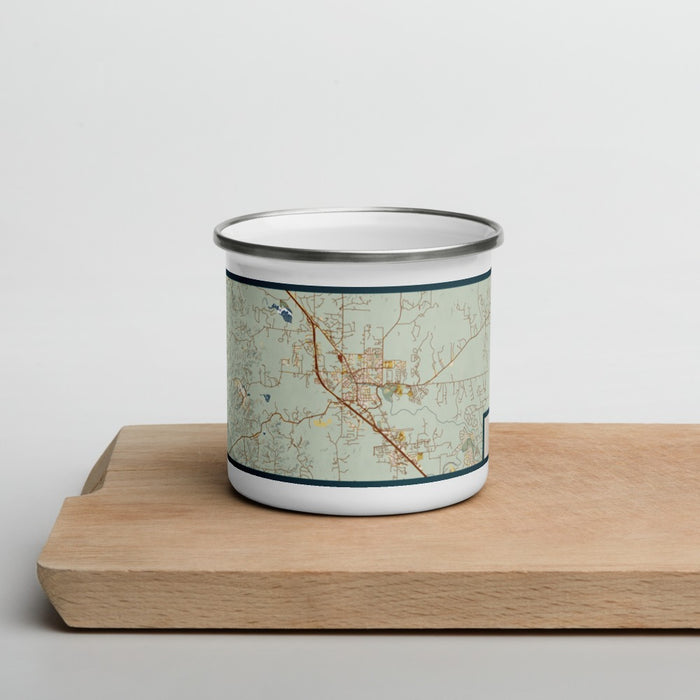 Front View Custom Boerne Texas Map Enamel Mug in Woodblock on Cutting Board
