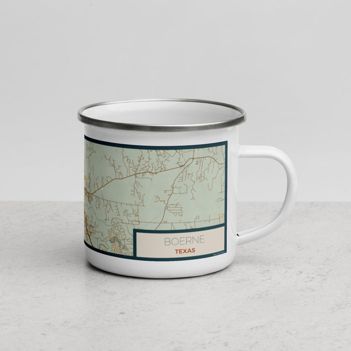 Right View Custom Boerne Texas Map Enamel Mug in Woodblock
